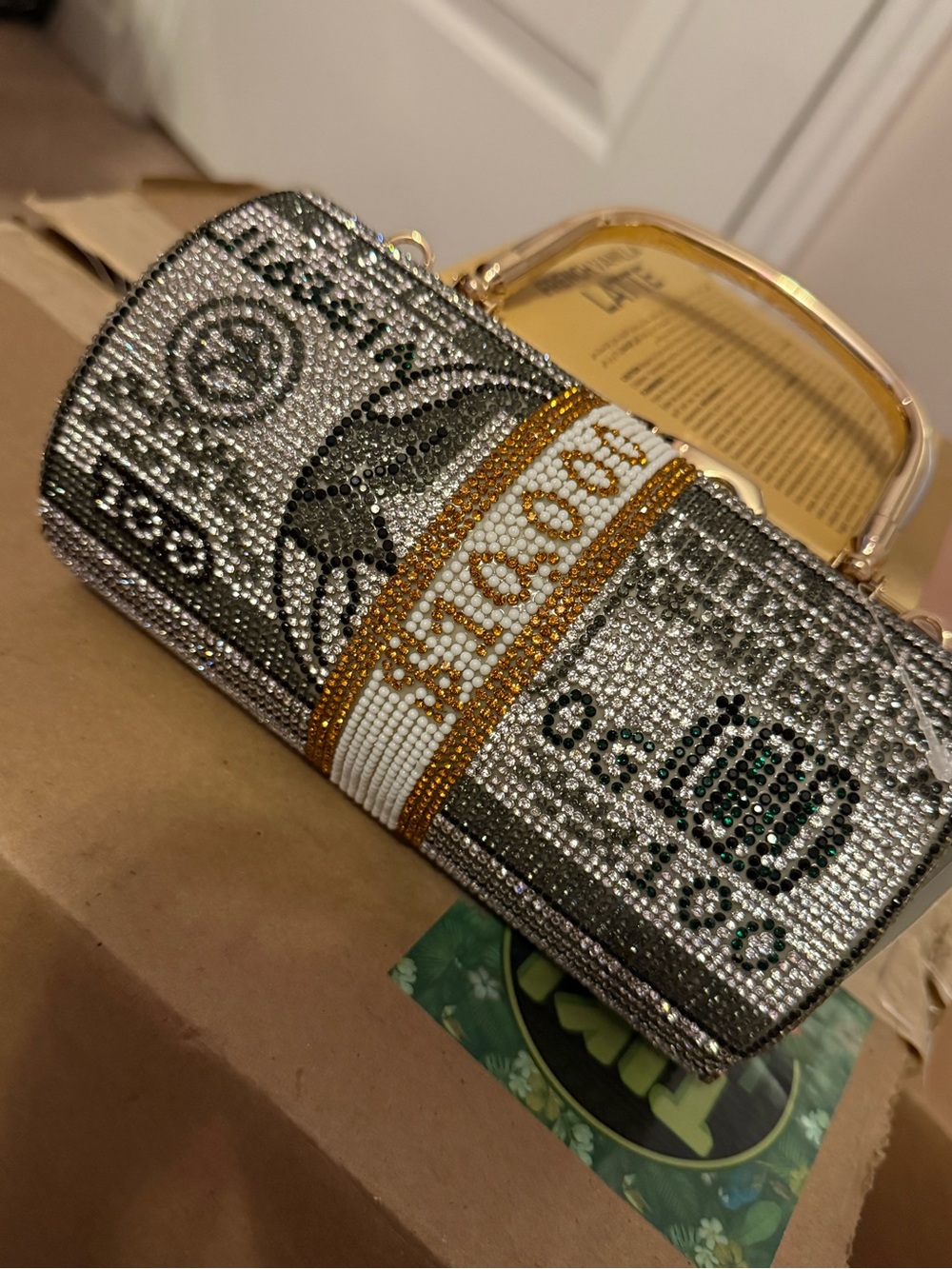 Rhinestone $100 Bill Money Purse Crystal Clutch Gold Handle Statement Bag